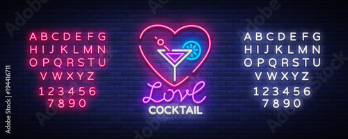Cocktail logo in neon style. Love Cocktail. Neon sign, Design template for drinks, alcoholic. Light banner, Bright advertising for cocktail bar, party. Vector illustration. Editing text neon sign