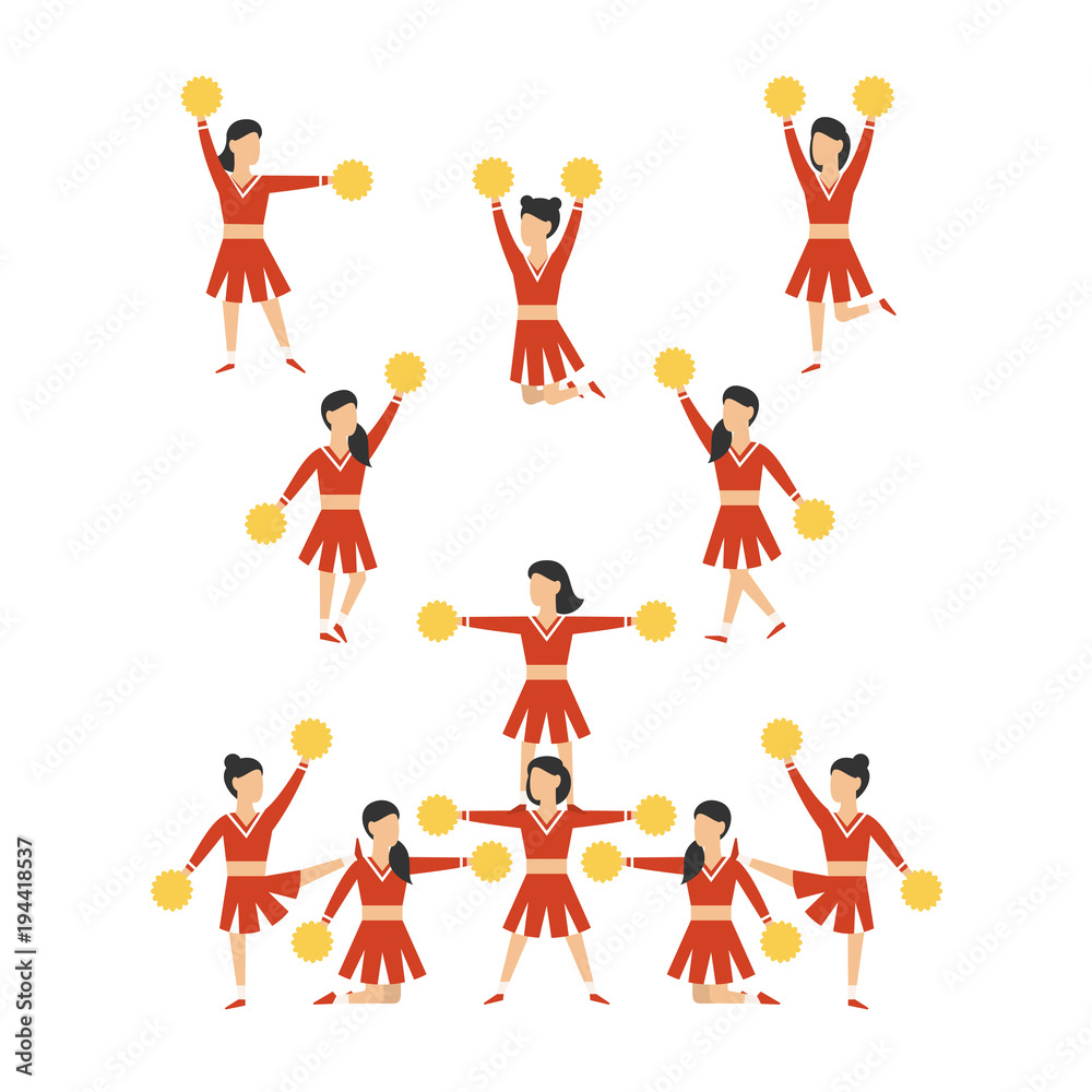 Cheerleader girls team set. Vector illustration