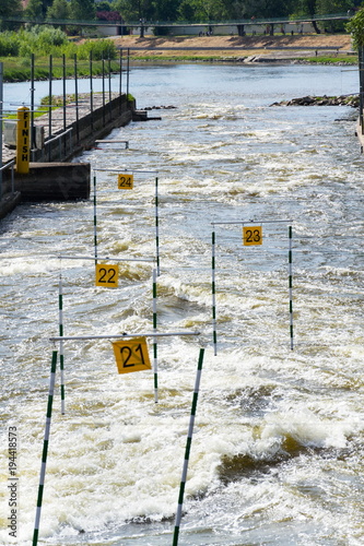 Photography Canoe slalom course with gate numbers, Troja, Prague, Czech Republic