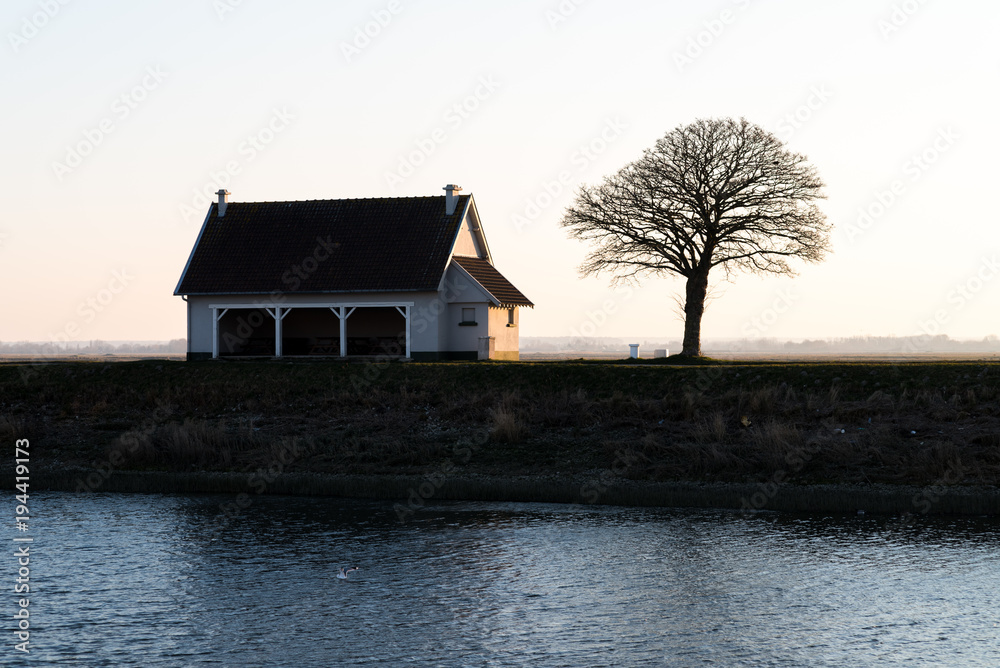 Morning sunrise Backlight behind winter trees and little house by the shore 