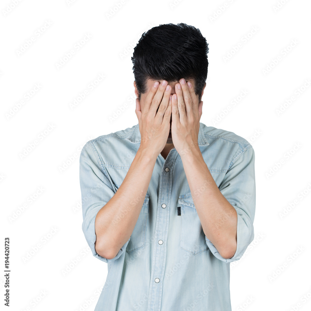 Portrait Handsome young asian man wearing a blue jean shirt stress isolated on white background. Businessman concept. Asia people. Portrait Handsome young asian man wearing a blue jean shirt stress isolated on white background. Businessman concept. Asia people.