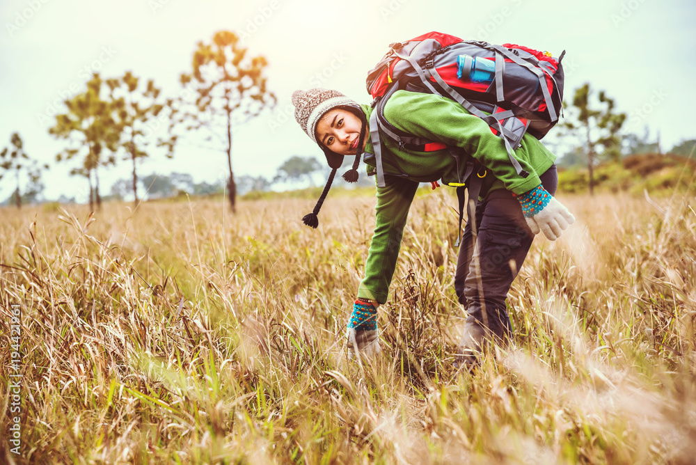 Asian women travel nature. Travel relax.Backpack walk on the meadow in the forest. Thailand Asian women travel nature. Travel relax.Backpack walk on the meadow in the forest. Thailand