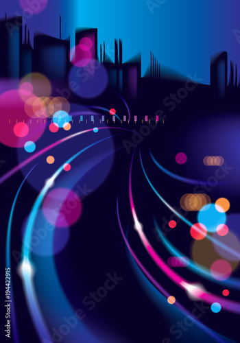 Night city with blurred lights bokeh texture vector illustration. Effect vector beautiful background. Blur colorful dark background with cityscape, buildings silhouettes skyline.