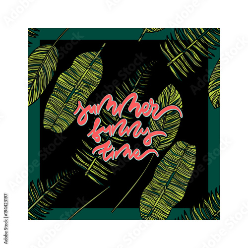 Summer card with tropical leaves.