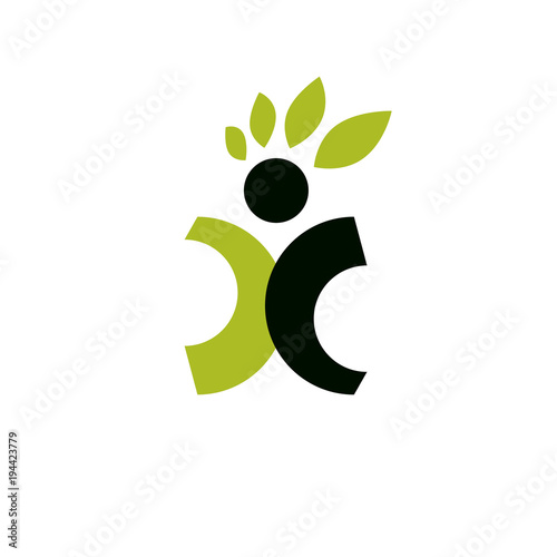 Vector illustration of happy abstract human with reaching up. Go green idea creative logo. Healthy lifestyle metaphor. Vegetarian theme icon.