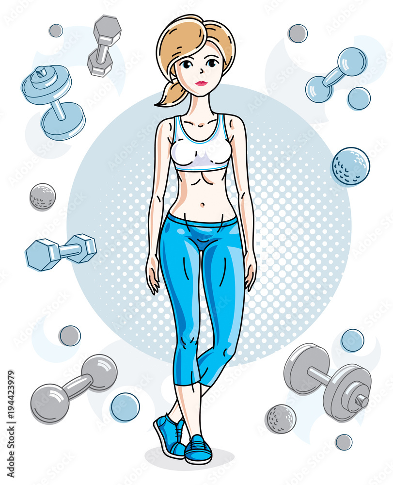 Young beautiful blonde slim woman adult standing on simple background with dumbbells and barbells. Vector illustration of nice lady. Work out and training theme. Young beautiful blonde slim woman adult standing on simple background with dumbbells and barbells. Vector illustration of nice lady. Work out and training theme.