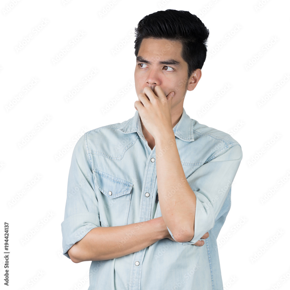 Portrait Handsome young asian man wearing a blue jean shirt thinking and stress isolated on white background. Businessman concept. Asia people. Portrait Handsome young asian man wearing a blue jean shirt thinking and stress isolated on white background. Businessman concept. Asia people.