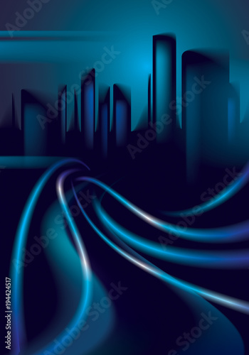 Light trails on the street of big city in the night. Effect vector beautiful background. Blur colorful dark background with cityscape, buildings silhouettes skyline.