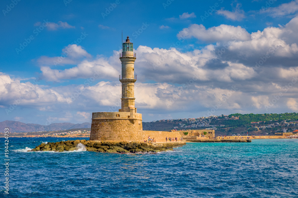 lighthouse in the Old Venetian Harbour. Chania Crete Greece