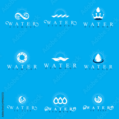 Fresh mineral water design emblems like water drops, H2O symbols, wave splash and limitless logotypes. Cleaning services business logos, water treatment concept.