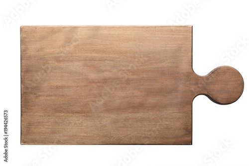 Wooden board on white background. Handcrafted cooking utensils