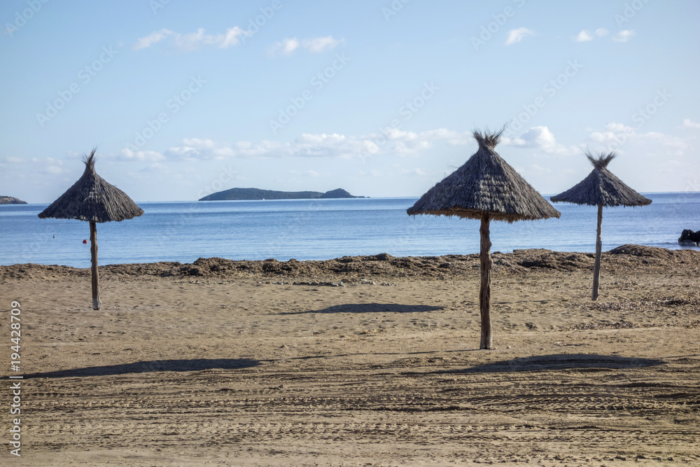  Mediterranean beach in balearic town of Santa Eularia des Riu, Ibiza, Spain.