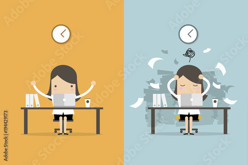 Businesswoman finish working and busy businesswoman unfinished work. Business concept cartoon vector.