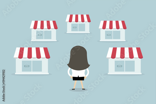 Businesswoman with shop franchise concept. business concept. flat design