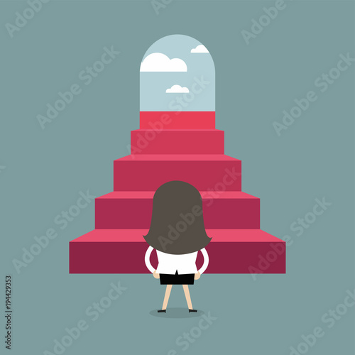 Successful businesswoman climbing steps. Back view. Career ladder, stairs, success
