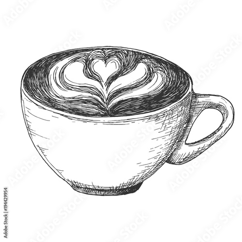 Sketch cup of coffee latte illustration, draft capuccino silhouette drawing, black on white background. Delicious vintage etching food design.