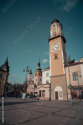 A vertical color image of Banska Bystrica Old Town, Main Square and Clock Tower. Captured Banska Bystrica, Slovakia