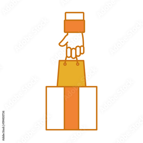 color open box with hand grabbing shopping bag