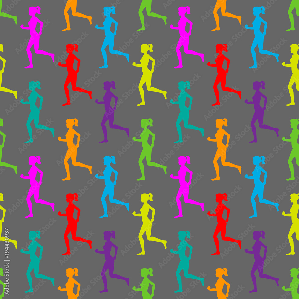 Colorful silhouette of a running girl. Seamless pattern.