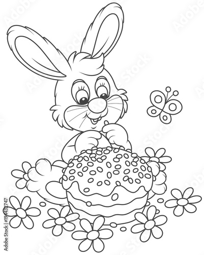 Easter Bunny with a decorated holiday cake among flowers, a black and white vector illustration in a cartoon style for a coloring book