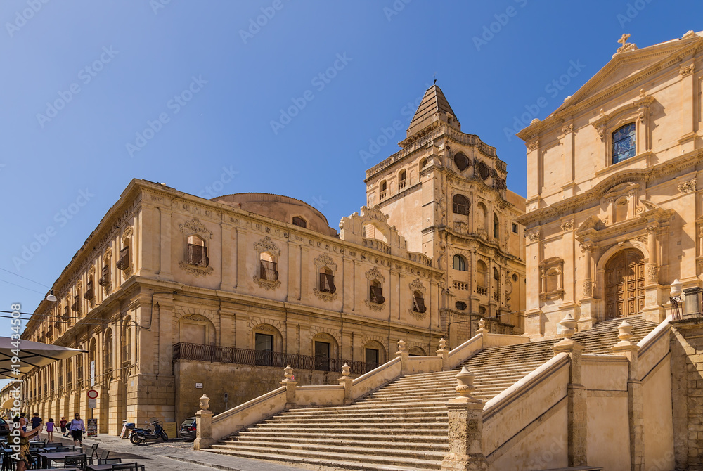 Noto, Sicily, Italy. The monastery of San Salvador (left) and the church of St. Francis (S. Francesco all'immacolata)