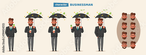 Successful, happy businessman in a suit with umbrella. Cartoon vector illustration