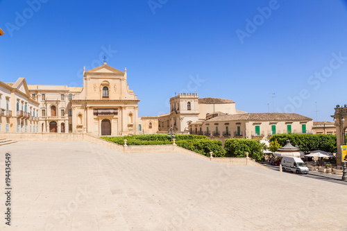 Noto  Sicily  Italy. From left to right  Archbishop s Palace  the monastery and the church of the same name Santissimo Salvatore  the church of Santa Chiara  1730-1758