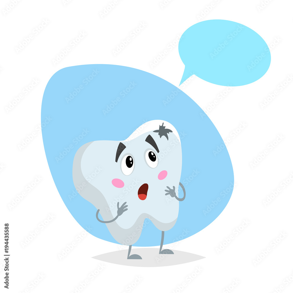 Cartoon sick tooth sad mascot. Dental care character with dummy speech