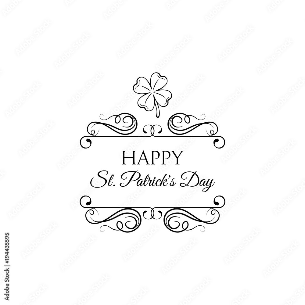 Good luck clover or four leaf clover icon with swirls. St Patrick s day. Vector.