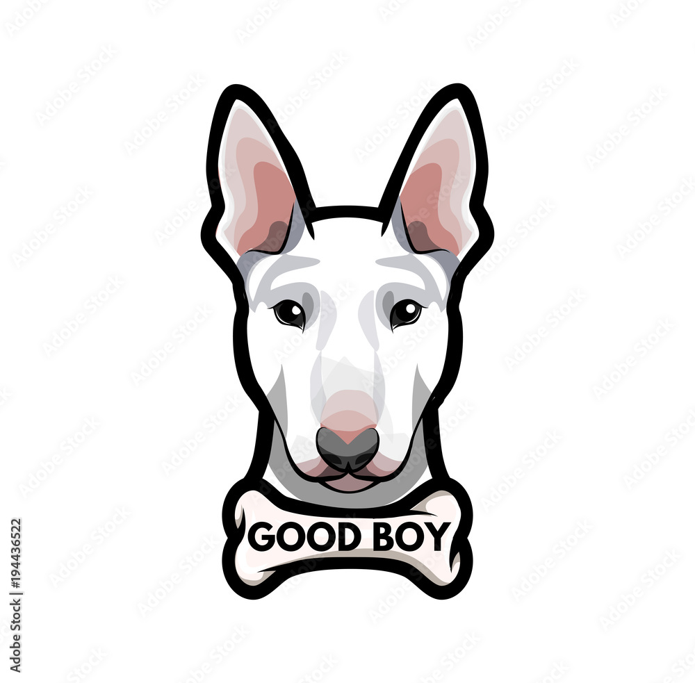 Puppy Bull Terrier with bone. Good boy lettering. Vector illustration.