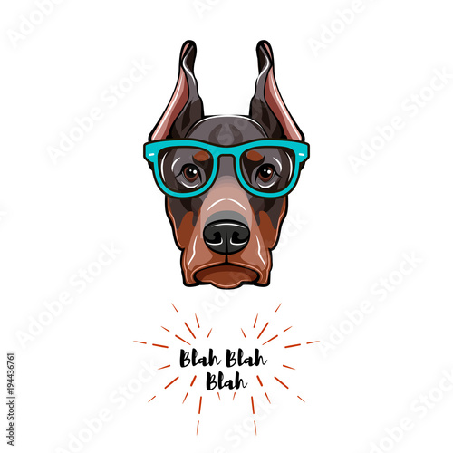 Doberman dog in glasses. Geek dog. Vector illustration.