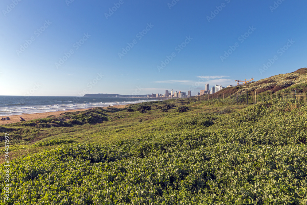 Dune Vegetation Beach and Sea against City Coastal Skyline