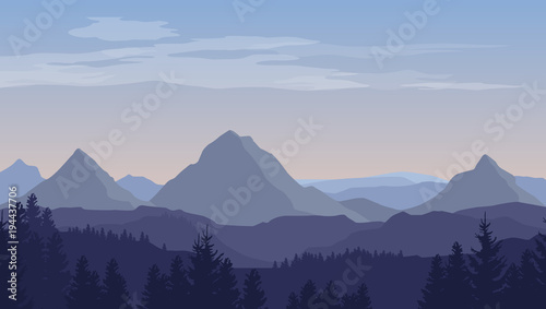 Vector cartoon blue landscape with silhouettes of mountains, hills and trees
