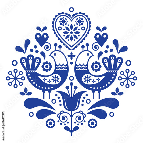 Scandinavian folk art pattern with birds and flowers, Nordic floral design, retro background in navy blue
