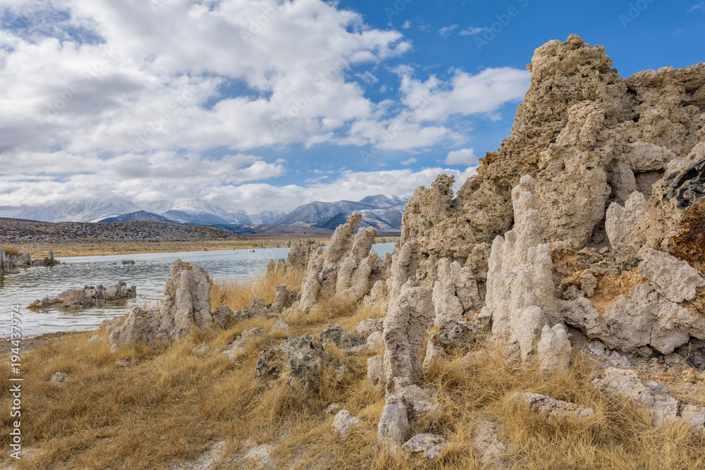 Mounds of the natural formation of tufa (calcium carbonate) at Mono Lake in California, USA.