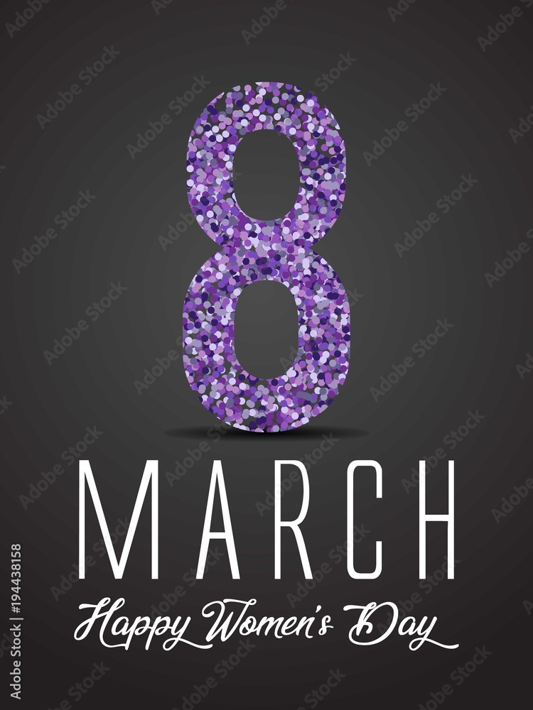 Vector Happy Women's Day greeting card with sparkling glitter flower purple textured circle on red background. 8 march luxury background