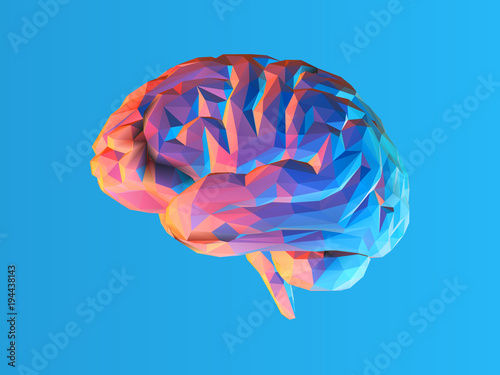 Billede på lærred Low poly brain illustration isolated on blue BG