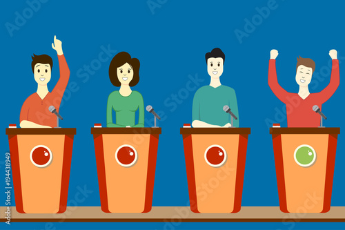 People play in Quiz game. Winner. Colorful flat cartoon vector illustration. Quiz brainy game.