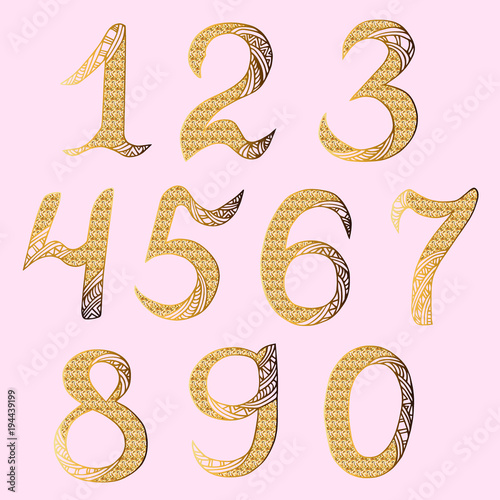 Hand drawn golden numbers. Isolated on background. Vector.