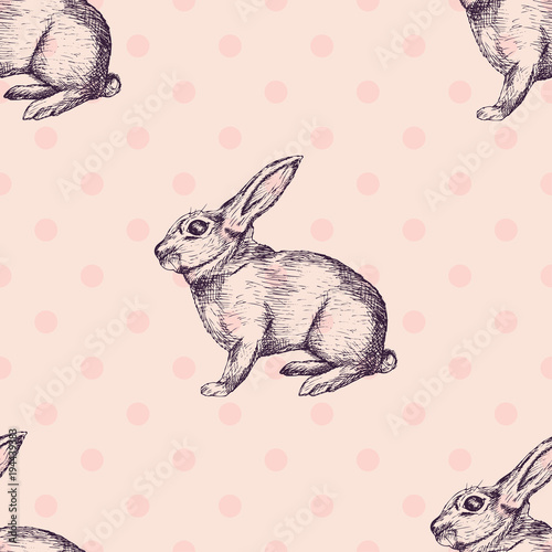 Hand drawn easter bunny seamless pattern. Rabbits silhouette in vintage style