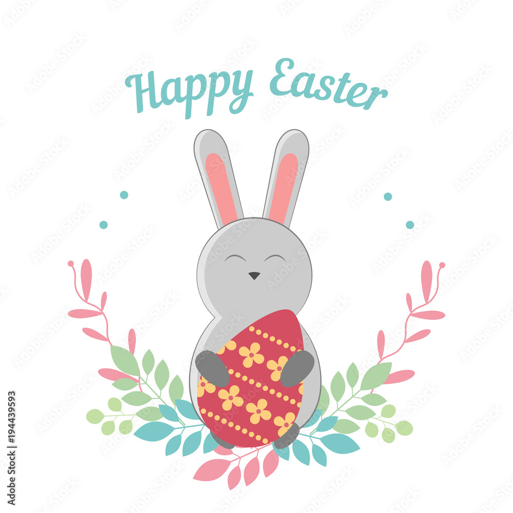Obraz premium Lovely childrens card for the feast of Easter. Rabbit, eggs, flowers. Vector illustration