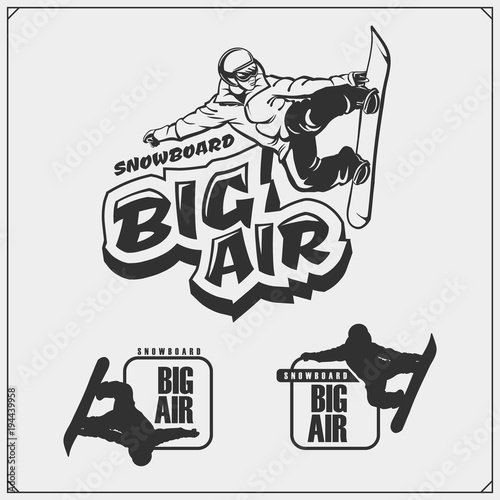 Set of snowboarding emblems with athletes. Winter sport. 
