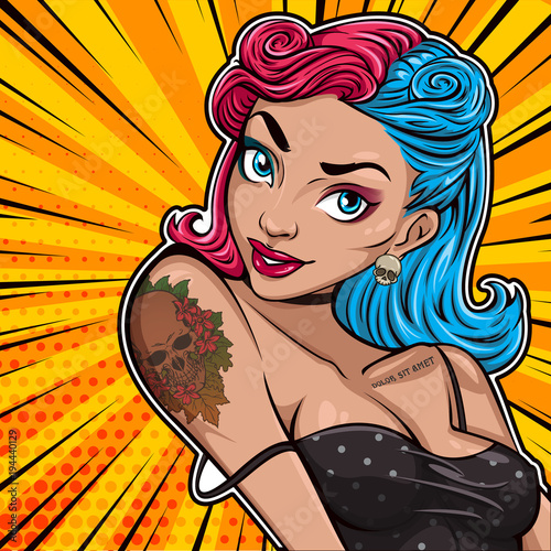 Pop art face of sexy young woman. Vector colorful background in pop art retro comic style. Banner, card, invitation and print.