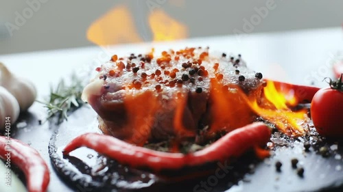 close-up view of raw uncooked slice of meat and fresh vegetables with flames. bbq burn original mexico recipe dish black plate chilli pepper professional cooking exotic meal cook recipe preparing food