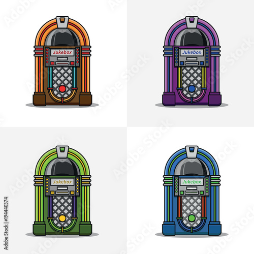 Set of retro jukebox flat line vector icons in different colors isolated on white background.