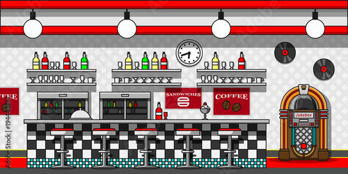 Retro cafe interior flat line vector illustration.