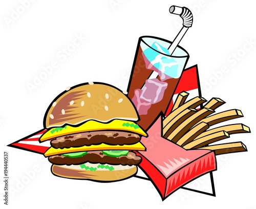 Illustration of hamburger, fries and a drink