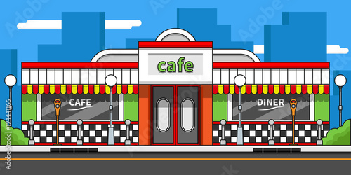 Retro cafe exterior flat line vector illustration. Urban landscape.