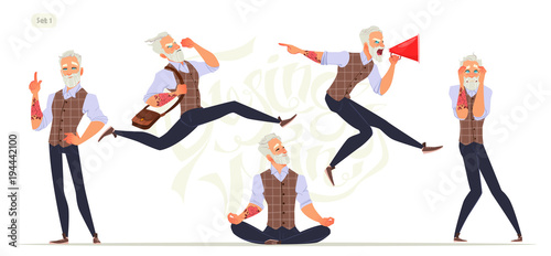 Set of senior fashion men in different emotions and expressions. Business person in modern fashion look.