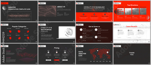 Minimal presentation templates. Tech elements on black background. Technology sci-fi concept vector design. Presentation slides for flyer, leaflet, brochure, report, marketing, advertising, banner